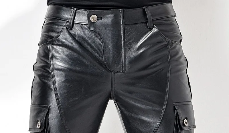 Новые мужские брюки размера плюс 29-35, модные кожаные брюки для мотоцикла, мужские прямые брюки из натуральной кожи