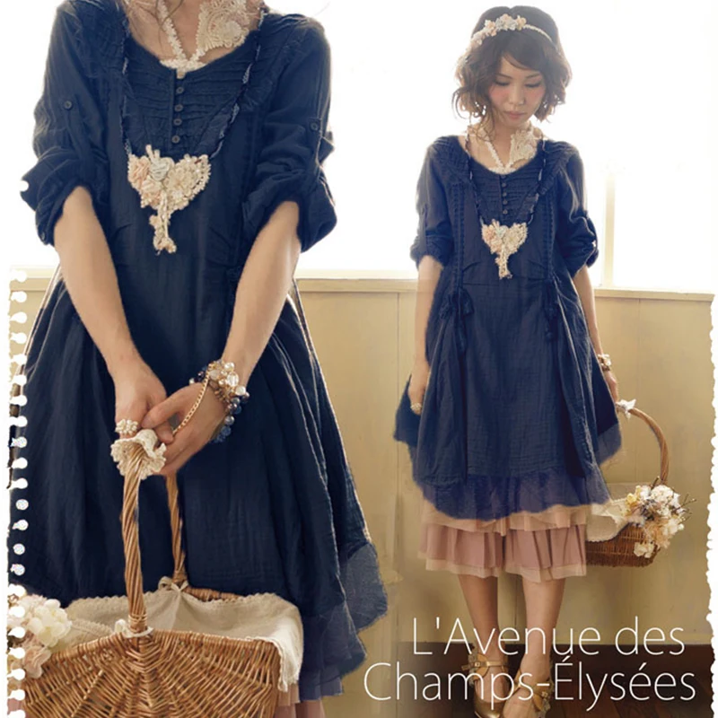 

Japanese Style Mori Girl 2016 Spring Women Solid Color Lace Patchwork Long Sleeve Harajuku Kawaii Dress Catwalk Dresses C262