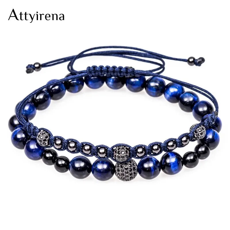 

2pcs/Set Blue Natural Tiger Stone Beads Bracelet Micro CZ Female Bracelet Braiding Macrame Cord Women Men Bracelet 2018
