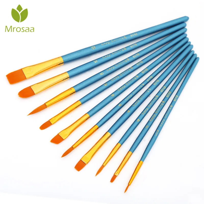 

Mrosaa 10Pcs/Set Nylon Painting Brushes Different Shape Watercolor Gouache Oil paint Brushes Home Wall Artist Decor Tool