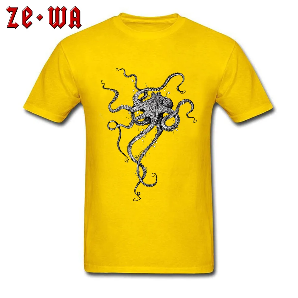 Round Collar Octopus 100% Cotton Male Top T-shirts Normal Short Sleeve Tops T Shirt Rife Printed T-shirts Top Quality Octopus yellow