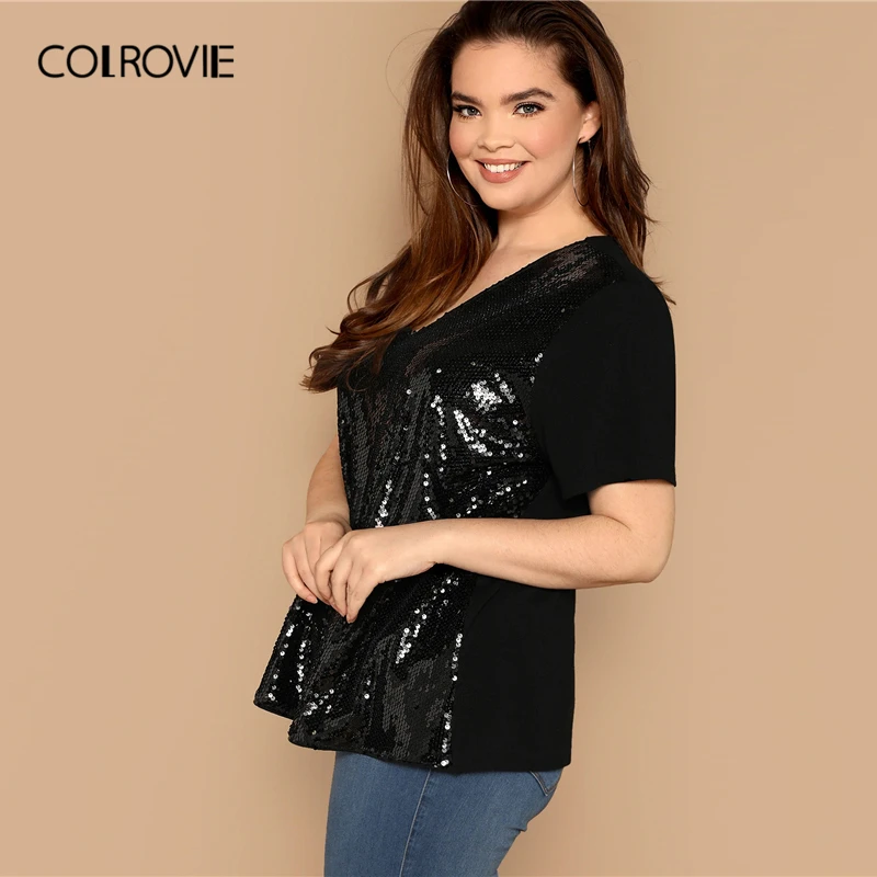 COLROVIE زائد حجم أسود V الرقبة الترتر التصحيح تي شيرت غير رسمي النساء 2019 الصيف الشارع الشهير قصيرة الأكمام تي شيرت الإناث قمم