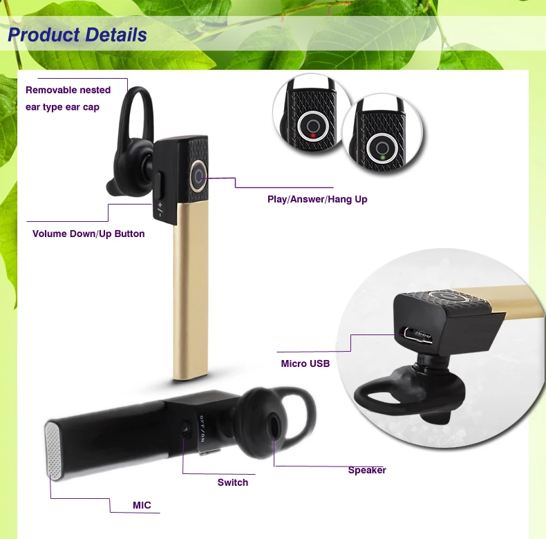 Bluetooth Earbud Single Wireless HD Stereo In ear Headphones Bluetooth Headset with Mic for iOS Android Cell Phon