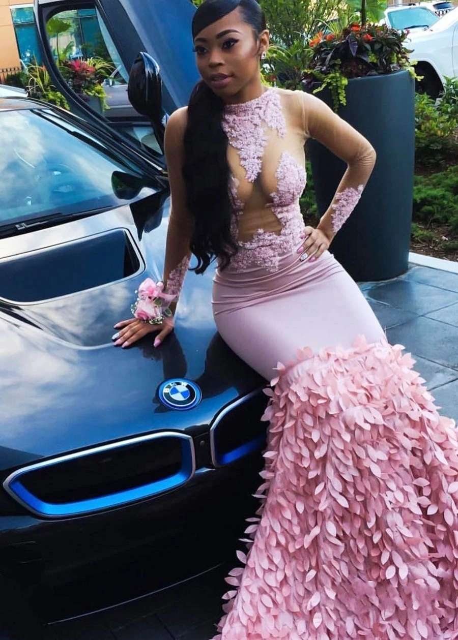 Pink lace 2018 prom dress long sleeve evening party dress