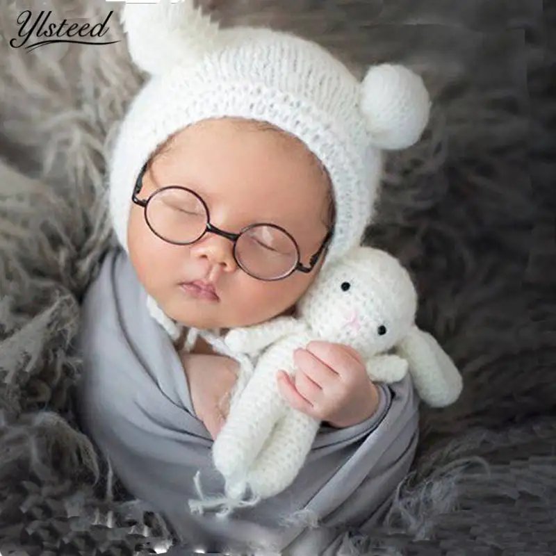 

Cute Mohair Baby Hat Sheep Dolls Set Crochet Newborn Clothes White Baby Ears Cap Newborn Photography Props Infant Photo Props