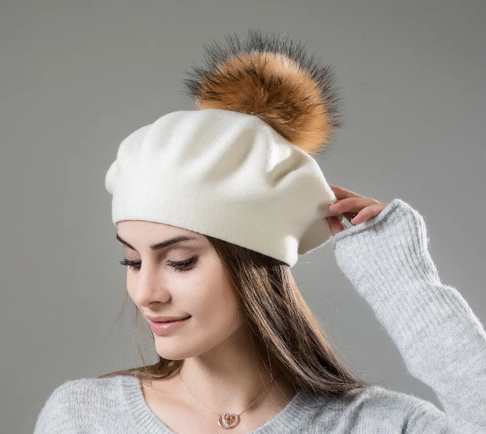 Women Beret Wool Hat Winter Knitted Wool Berets Real Fur Pompom Hats Beanies Female Top Quality Beret Cap (2)