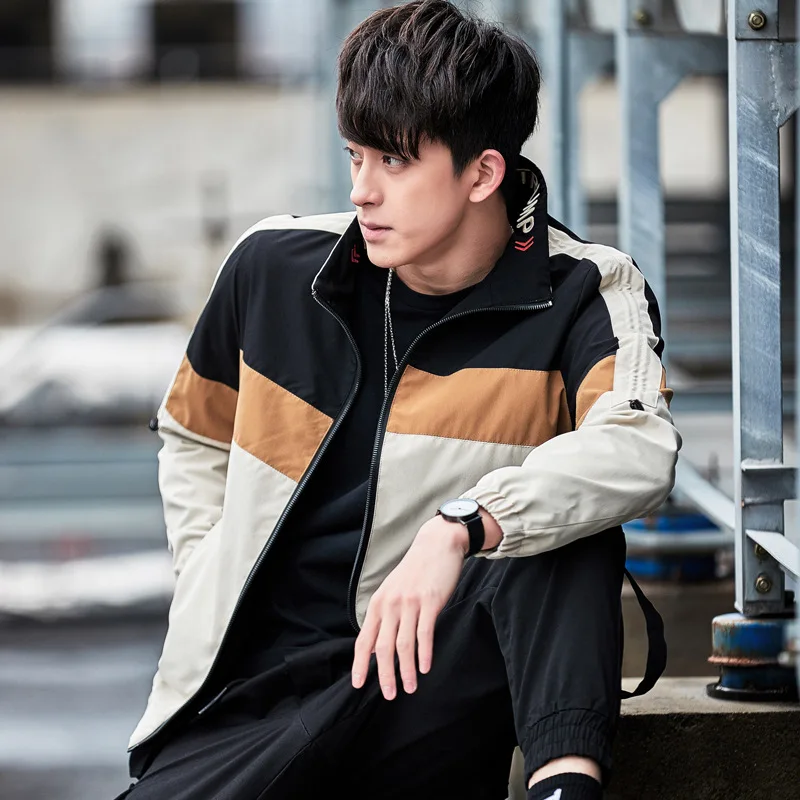 2019 spring new color jacket men's personality embroidery Korean version of the loose men's jacket stand collar youth jacket