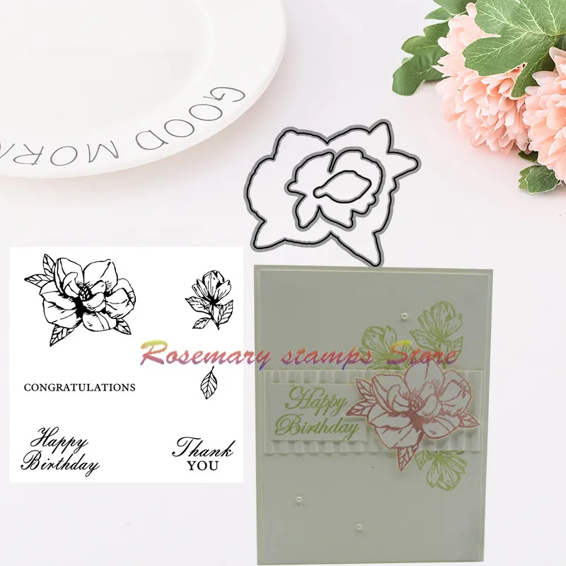 

Rosemary stamps Happy Birthday Flower Metal Cutting Dies and stamps DIY Scrapbooking Card Stencil Paper Craft Wedding Decor