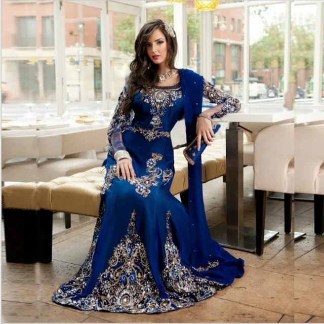 Bleu Royal Perlé Musulman de Soirée Robe Manches Longues Caftan Marocain Robe Sirène de Soirée Robe