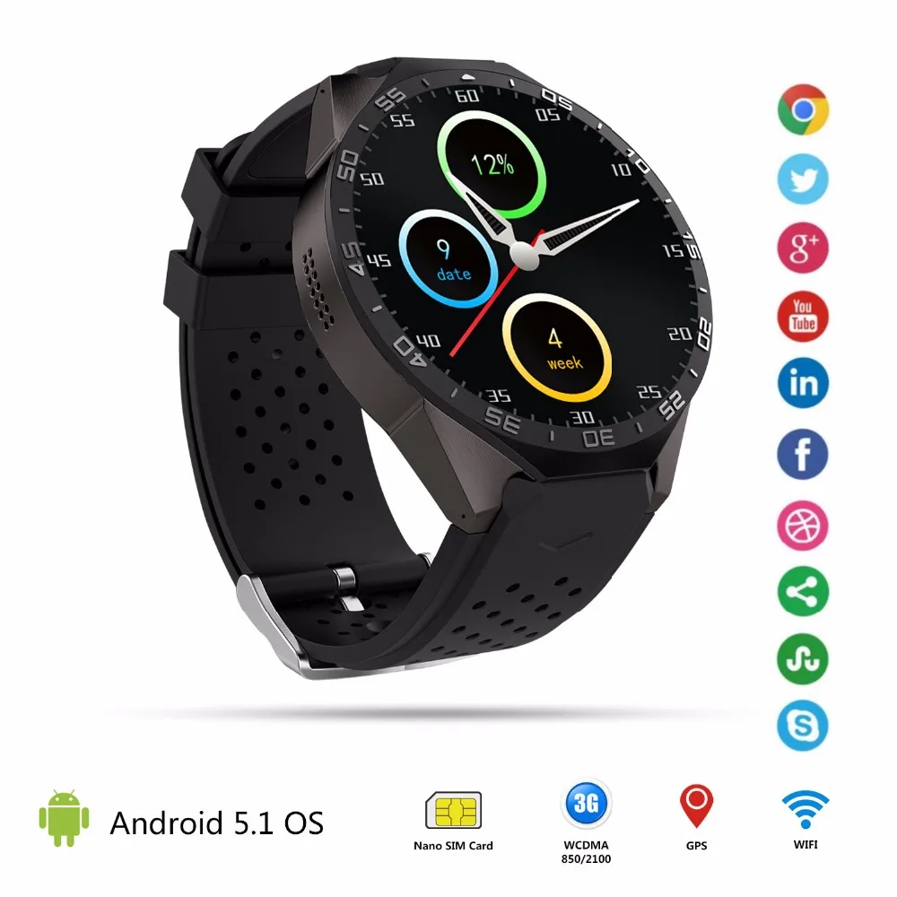 KW88 Smart Watch Phone Android 5.1 Quad Core MTK6580 512MB RAM 4GB ROM Support Heart Rate 3G Wifi GPS Gravity Sensor Pedometer