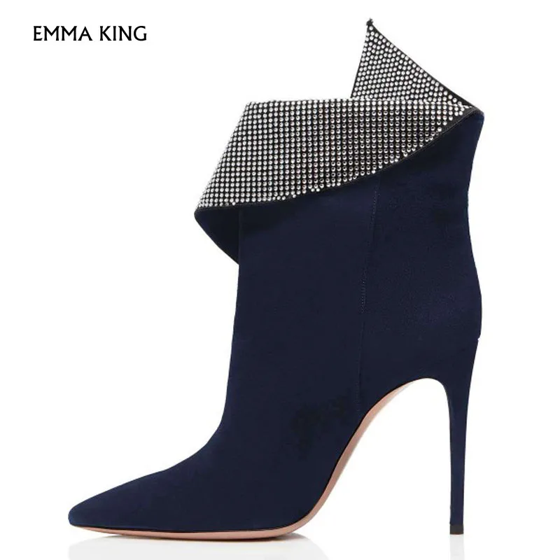 

Navy Fold Over Rhinestones Pointy Toe Stiletto Heel Ankle Booties High Heel Botas Mujer Cocktail & Party Shoes Woman Plus Size