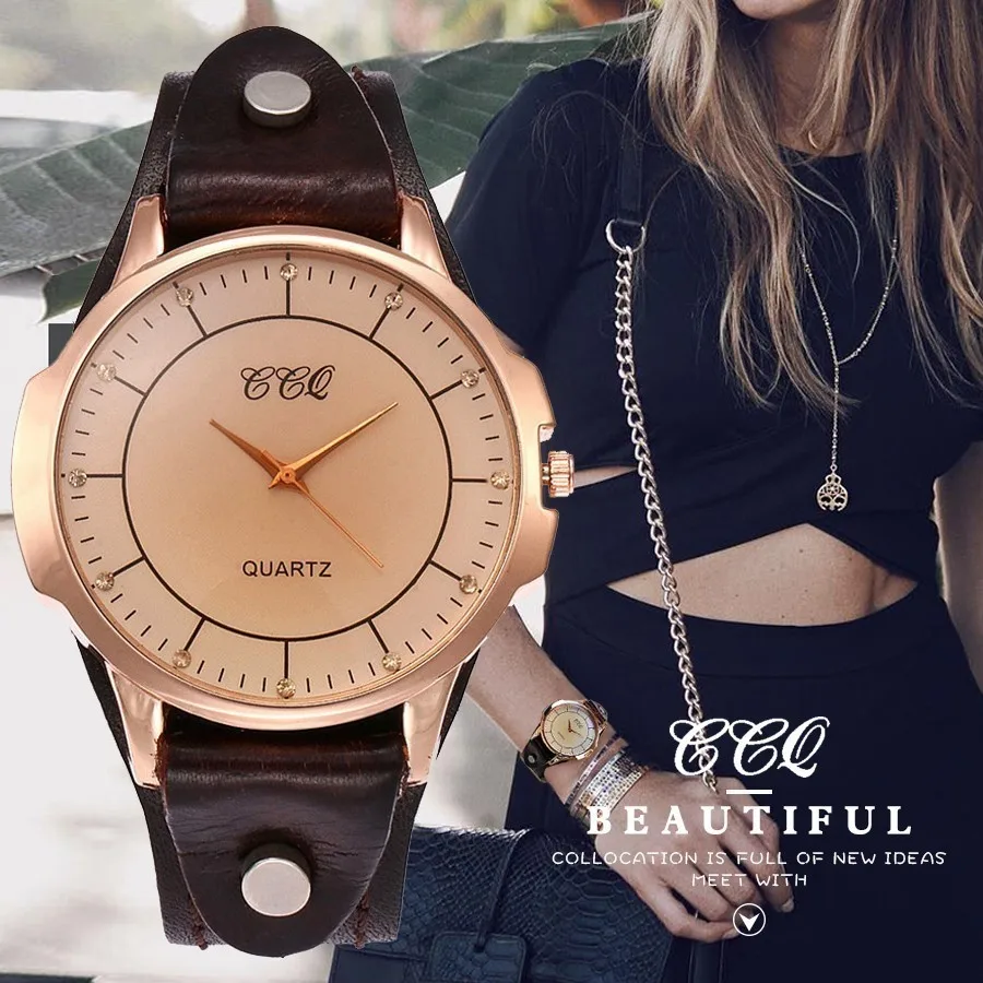 

CCQ Brand Unisex Vintage Cow Leather Bracelet Watch Women Men Casual Leather Quartz Wristwatches Clock Relogio Feminino