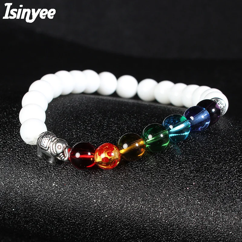 

ISINYEE Fashion Candy Color Elastic Rope 7 Chakra Bracelets For Women Men Handmade Elephant Natural Stone Bracelet Jewelry
