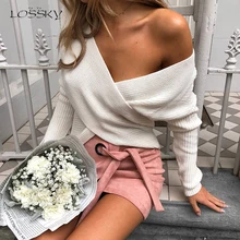 LOSSKY V Neck Cross Knitted Winter Sweater Women Fashion Down Sleeve Pullover Female New 2018 Autumn Winter Casual Jumper LOSSKY V Neck Cross Knitted Winter Sweater Women Fashion Down Sleeve Pullover Female New 2018 Autumn Winter Casual Jumper