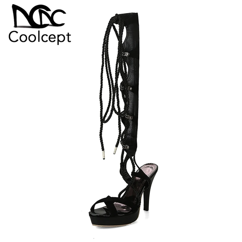 

Coolcept Fashion Women High Heel Sandals Gladiator Sexy Summer Shoes Women Lace Up Knee Spike Heel Sandals Footwear Size 32-44