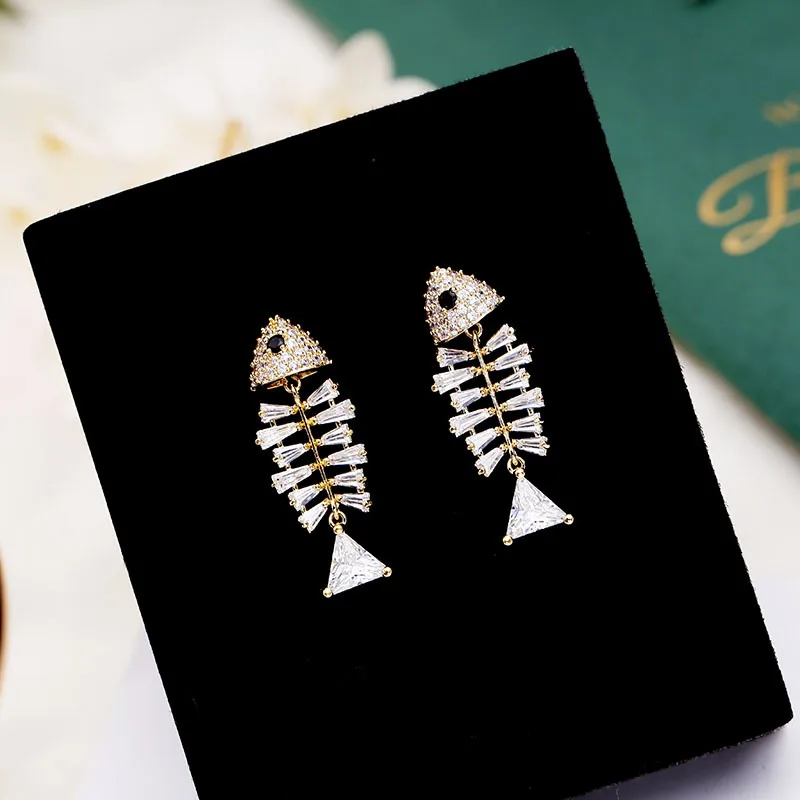 SWOUR New Fashion Jewelry S925 Silver Needle CZ Fish Bone Animal Design Stud Earrings For Woman S407 | Украшения и аксессуары