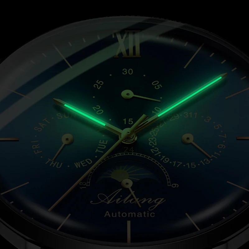 AILANG Black Steel Mesh Belt Men Automatic Mechanical Watch Top Brand Luxury Military Sport Male Moon Phase Clock Relogio