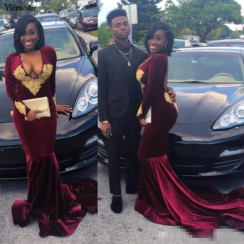 

2019 Deep V-Neck Long Sleeve Prom Dresses Sexy Backless Velour Formal Evening Gowns Party Dresses Custom