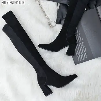 Sexy over the knee high boots woman suede leather thick high heels women boots autumn winter black gray party shoes woman 1