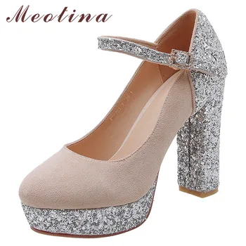 

Meotina Women Shoes High Heels Glitter Platform Block Heels Party Shoes Buckle Extreme High Heel Ladies Pumps Red Plus Size 43