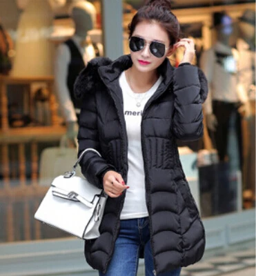 AILOOGE новое зимнее пальто Женская мода Большой размер на молнии утолщение тяжелый меховой воротник Длинная одежда с хлопковой подкладкой 5 цветов - Цвет: Black