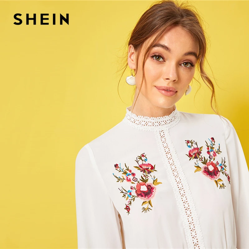 SHEIN модный топ с кружевной вставкой и вышивкой, белый весенне-летний топ со стоячим воротником и рюшами,, Женские топы и блузки