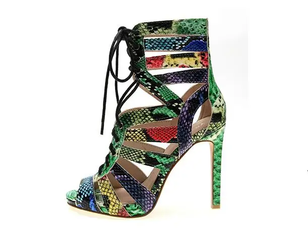 

11 cm high thin heels peep toe lace-up cross-tied cutouts narrow band women summer high heel catwalk sandals black mixed colors