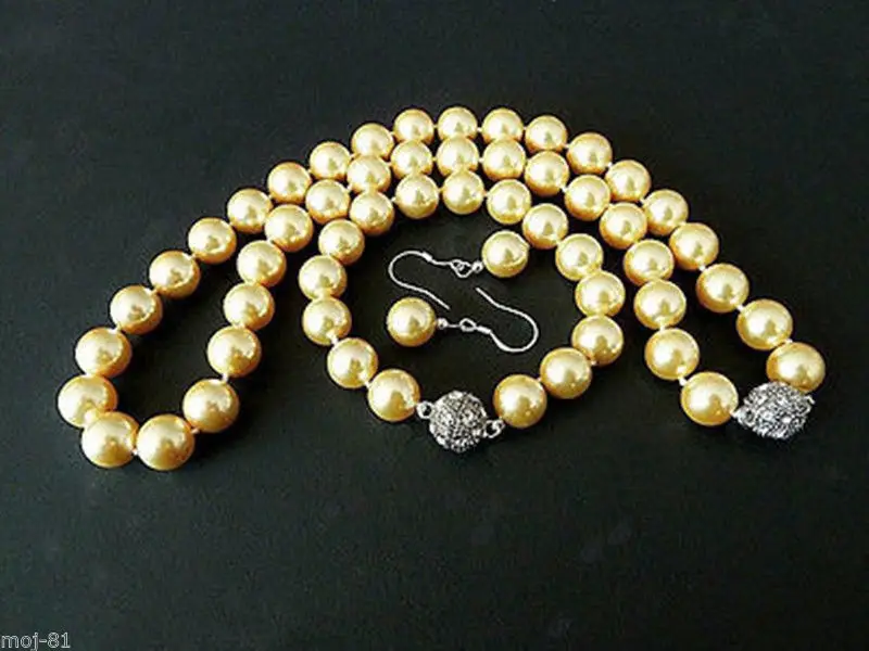 

FREE SHIPPING 10mm Golden South Sea Shell Pearl Necklace bracelet Earrings Set AAA