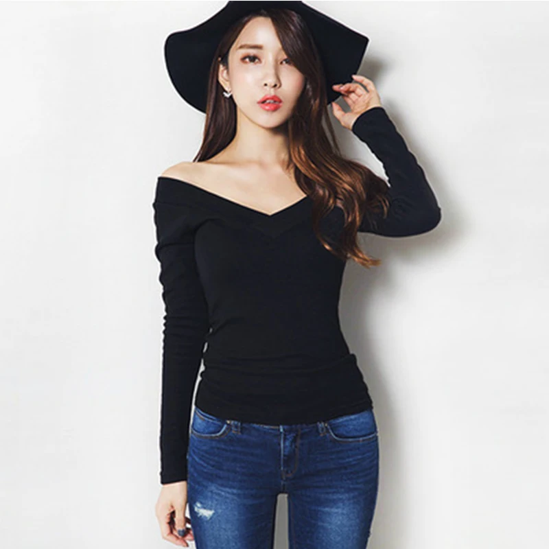 

Sexy Deep V Neck Backless Cotton Vogue T Shirt White Slim Long Sleeve Women Black Harajuku Korean fashion girl camiseta mujer