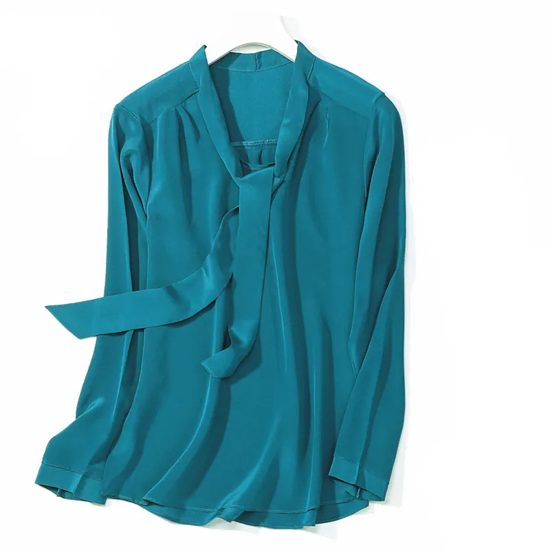 Натуральный шелк блузки OL бежевый длинный рукав натуральный шелк галстук-бабочка Блузка Топы для женщин офисная одежда рубашки рабочие блузки