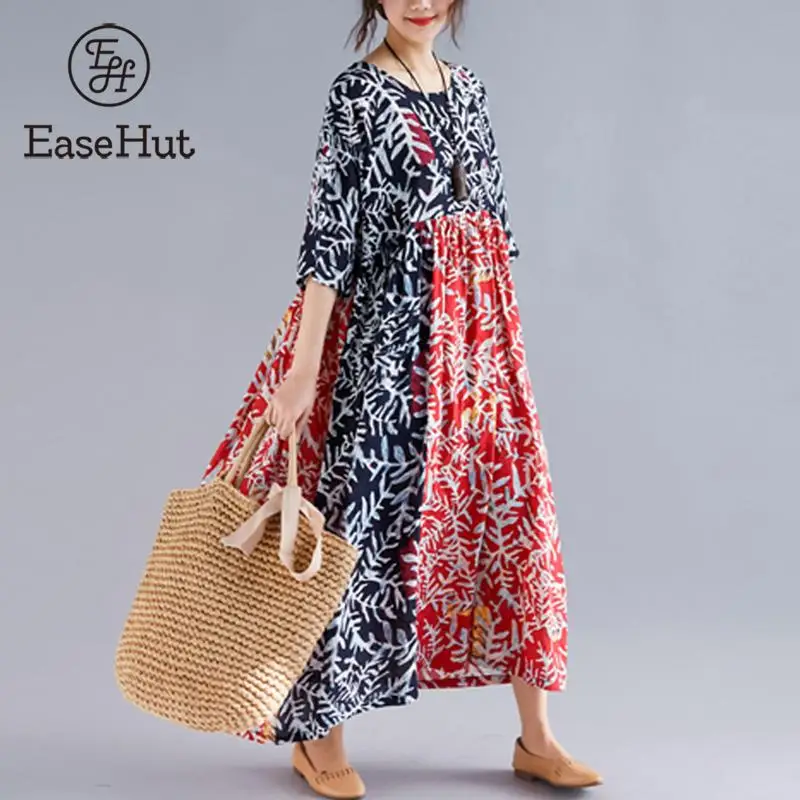 

EaseHut Women Plus Size Summer Dress Leaves Print Patchwork Color Long Maxi Ruffle Dress Beach Holiday Loose Sundress Black