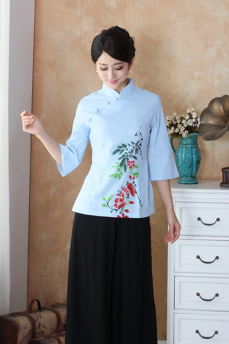 

Chinese National Blouse Summer Tops Women Linen Cotton T-Shirt S to 3XL