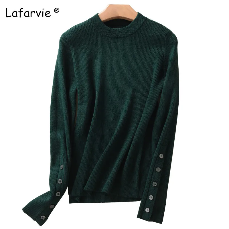 Lafarvie Spring Knitted O-neck Sweater women Wool Blended Pullover Female Sleeve With Buckle 4 Colors S-XL Slim Knitting Jumper