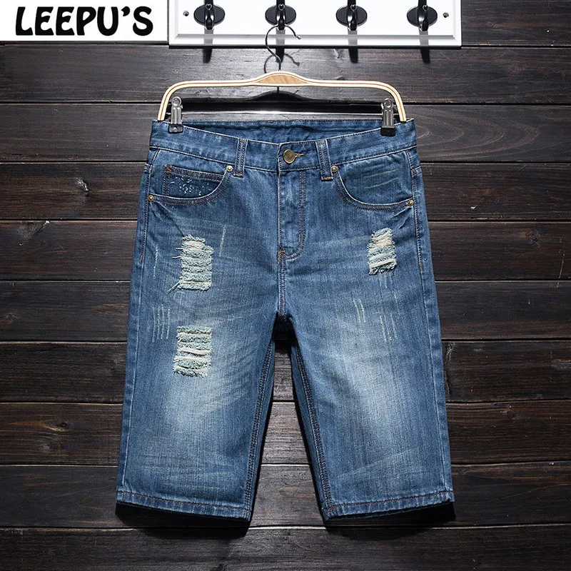 LEEPU S Brand 2017 summer new style men s ripped jeans hole five minutes pants Moustache