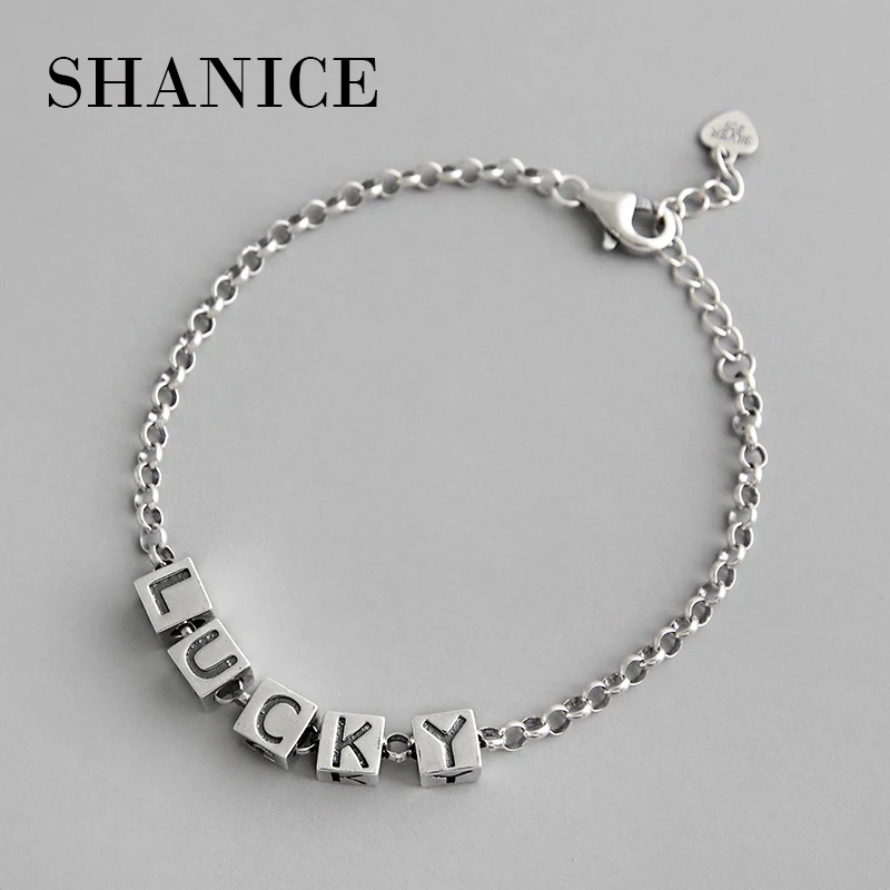 SHANICE 925 стерлингового серебра счастливый Английский алфавит геометрический квадратный шарм браслеты для женщин модная Серебряная цепочка звено браслет