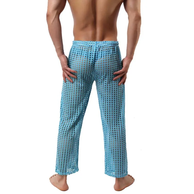 Для мужчин пикантные See Through Lounge брюки для девочек модный бренд ажурные Sheer Длинные пижамные штаны - Цвет: Небесно-голубой