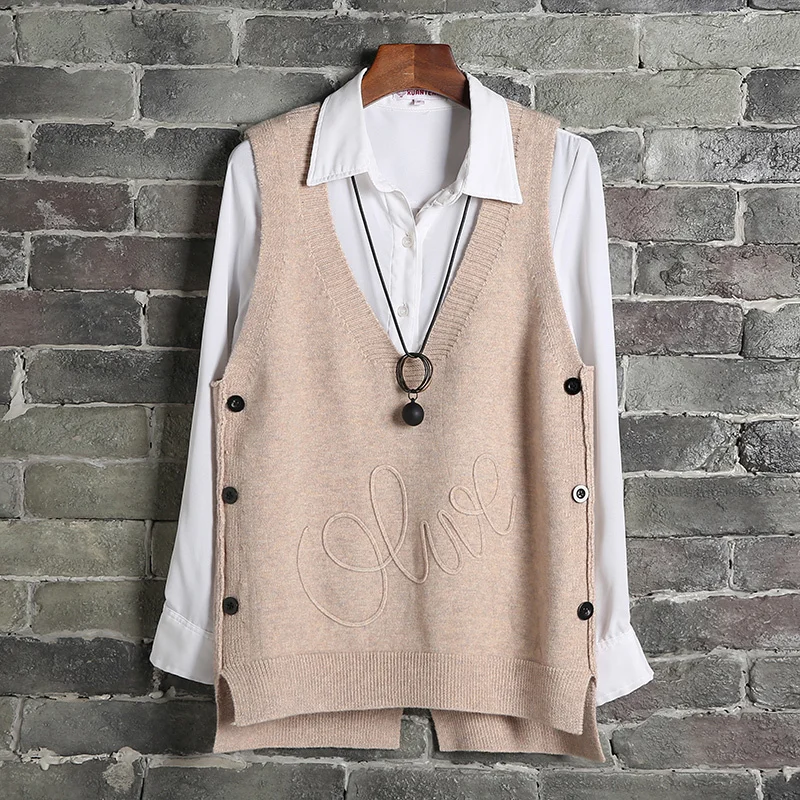 

#1202 Spring Vest Waistcoat Women Side Buttons Casual Knitted Sweater Vest Sleeveless Female Short Sleeveless Pullover Plus Size