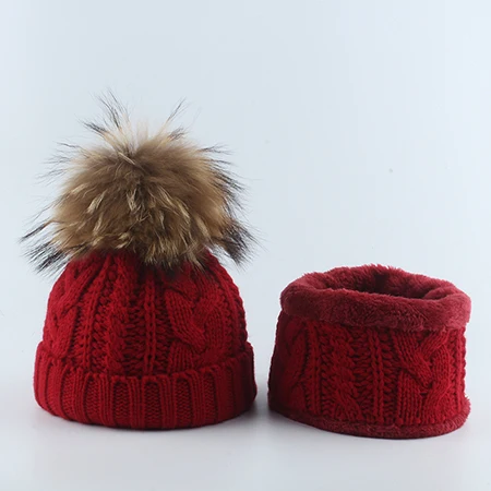 Детский зимний комплект из шапки и шарфа, шапка с помпоном из натурального меха енота, флисовая шапка с помпонами для маленьких девочек и мальчиков - Цвет: Бургундия