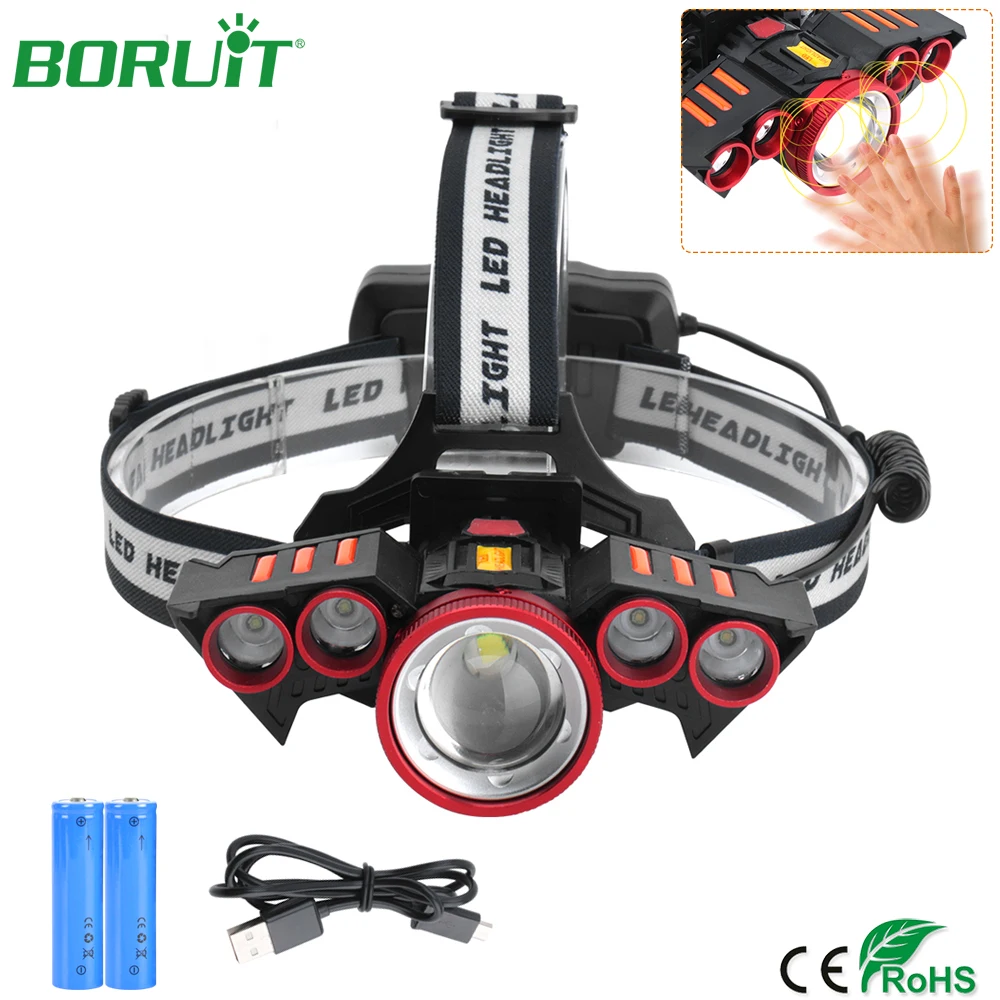 

BORUiT USB Rechargeable IR Sensor T6 LED Headlamp Flashlight Zoomable Waterproof Headlights Camping Hunting Lantern Head Torch