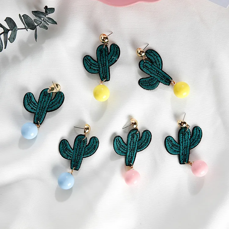 

2018 Summer Sweet Cute Embroidery Fabric Cactus Plant Candy Color Round Ball Stud Earrings for Women Girls Charm Jewelry