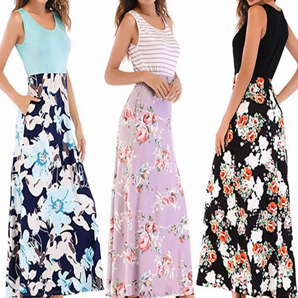 Vestidos verano 2018 женское летнее платье без рукавов с круглым вырезом принтом