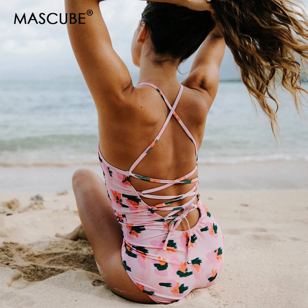 

MASCUBE 2019 Sexy One Piece Swimsuit Women Swimwear Print Bodysuit Crochet Bandage Cut Out Beach Wear Bathing Suit Monokini XXL