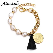 Atoztide классические христианские Подвески в виде монеток браслет с Иисусом для женщин богемный Регулируемый пресноводный жемчуг круглый золотой браслет-цепочка