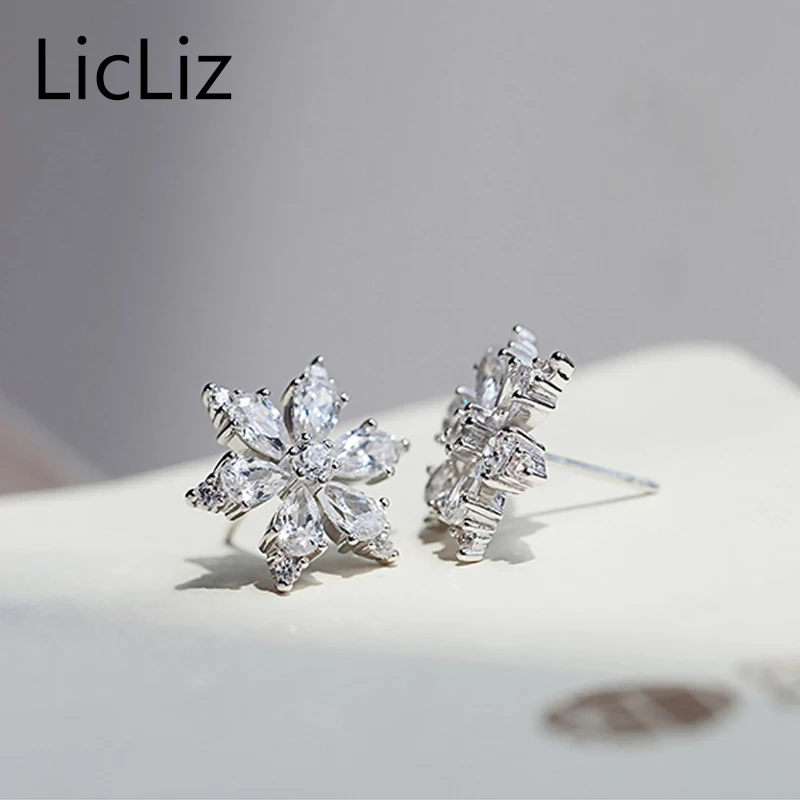 Licliz 925 Silver Star Серьги гвоздики Для женщин CZ Циркон снежинка Стад Пронзительный