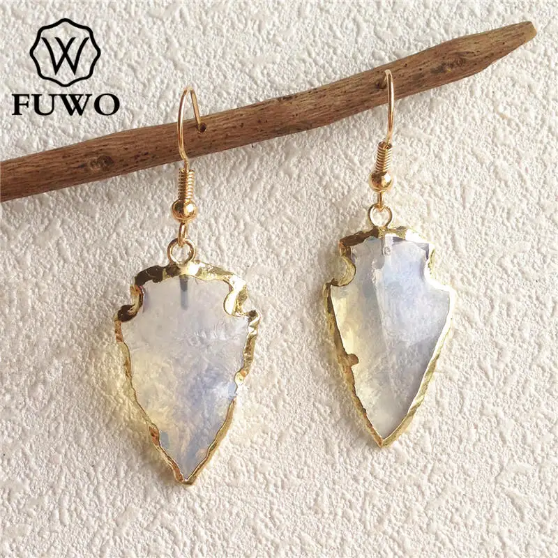 

FUWO Carved Opal Arrowhead Earrings With Light Gold Electroplated Edge Raw Crystal Stone Threader Earrings Wholesale ER022