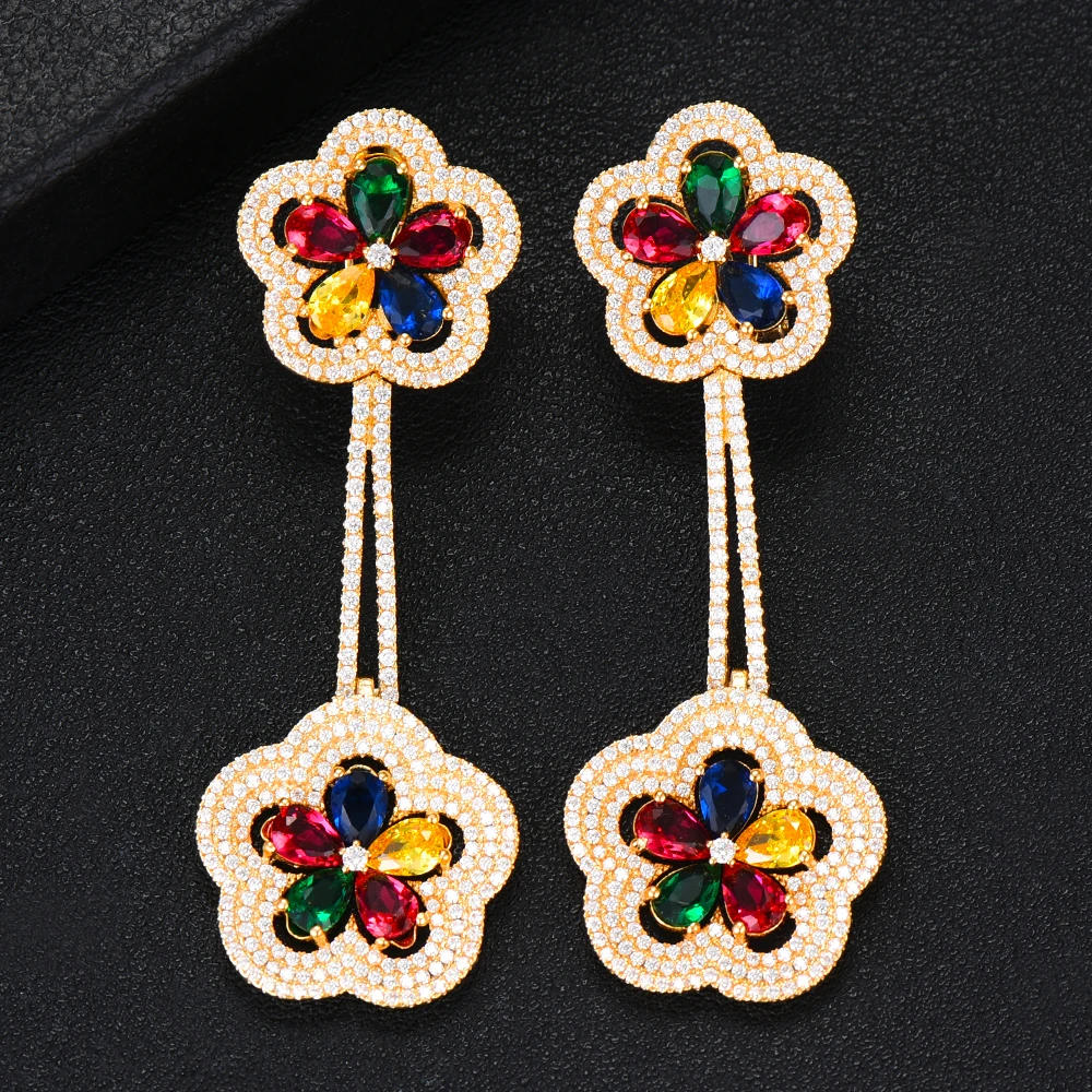 

GODKI Luxury Flower Multicolor Dangle Earrings Trendy Cubic Zircon Wedding Engagement Party Indian gold earrings for women 2019