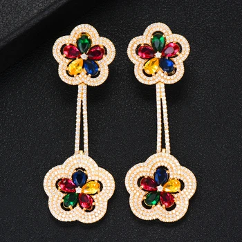 

GODKI Luxury Flower Multicolor Dangle Earrings Trendy Cubic Zircon Wedding Engagement Party Indian gold earrings for women 2019