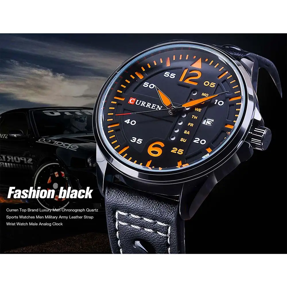 CURREN Orange мужские Кварцевые водонепроницаемые часы с гоночным дизайном от ведущего бренда, роскошные черные модные спортивные часы с ремешком из натуральной кожи