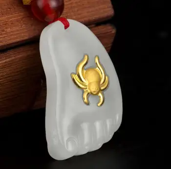 

Full gold inlaid natural Hetian jade content foot Changle pendantH51#