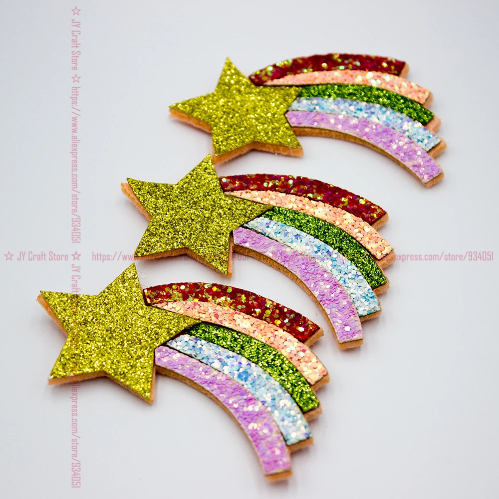 

50PCS Glitter Fabric Star Applique 70x50mm Sparkle Sequin Rainbow Patches for Party Decoration, Cake Topper, Baby Hair Accessory